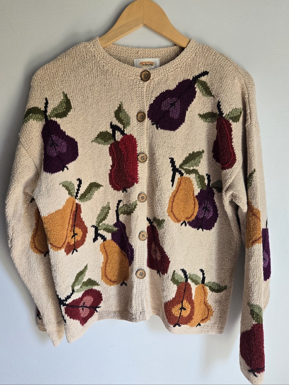 Vintage TALBOTS Fruit-Pattern Cream Ramie & Cotton Knit Cardigan Sweater